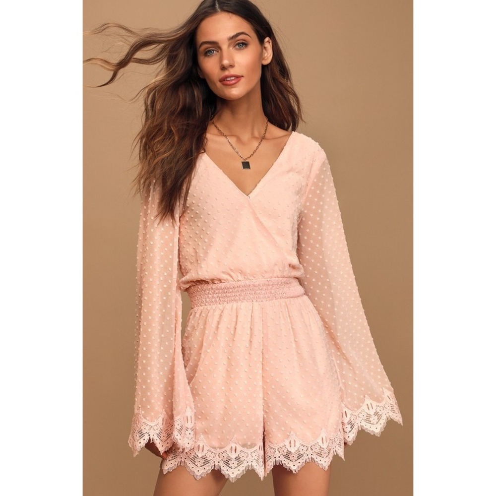 Lulus Meadowlake Blush Pink Swiss Dot Lace Bell Sleeve Romper - Size S